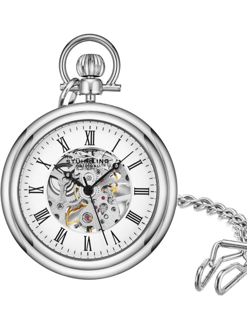Men's Stainless Steel Pocket Watch - Analog Skeleton, Hand-Wind Mechanical